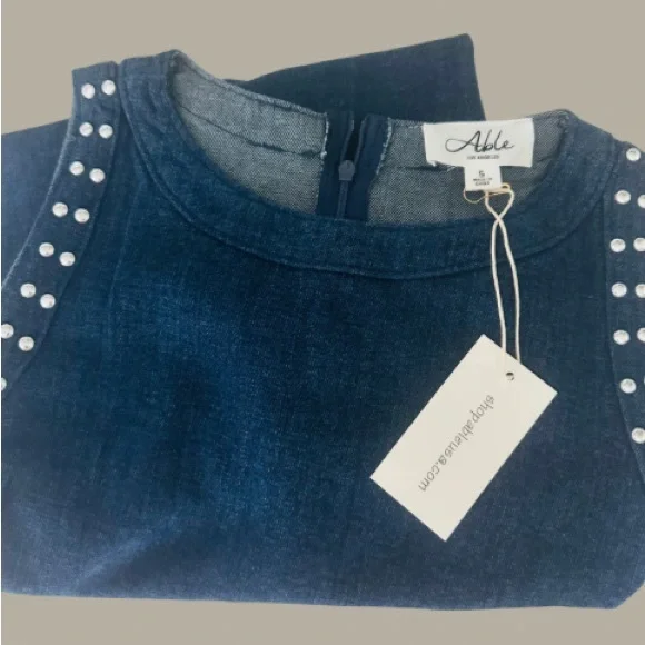 New Trendy Blue Denim Studded Sleeveless Shift Style Dress